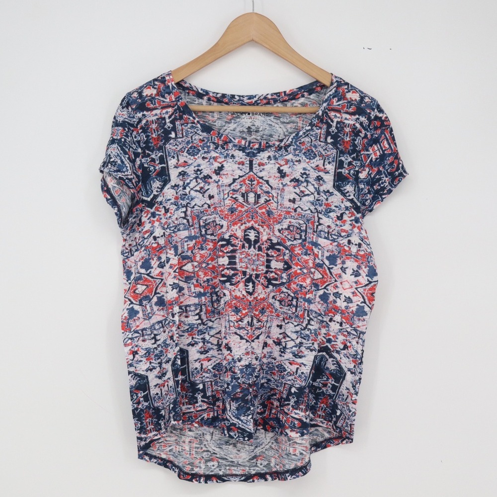 Lucky Brand T-Shirt Womens Medium Medallion Print Blue Red Short Sleeve Exc